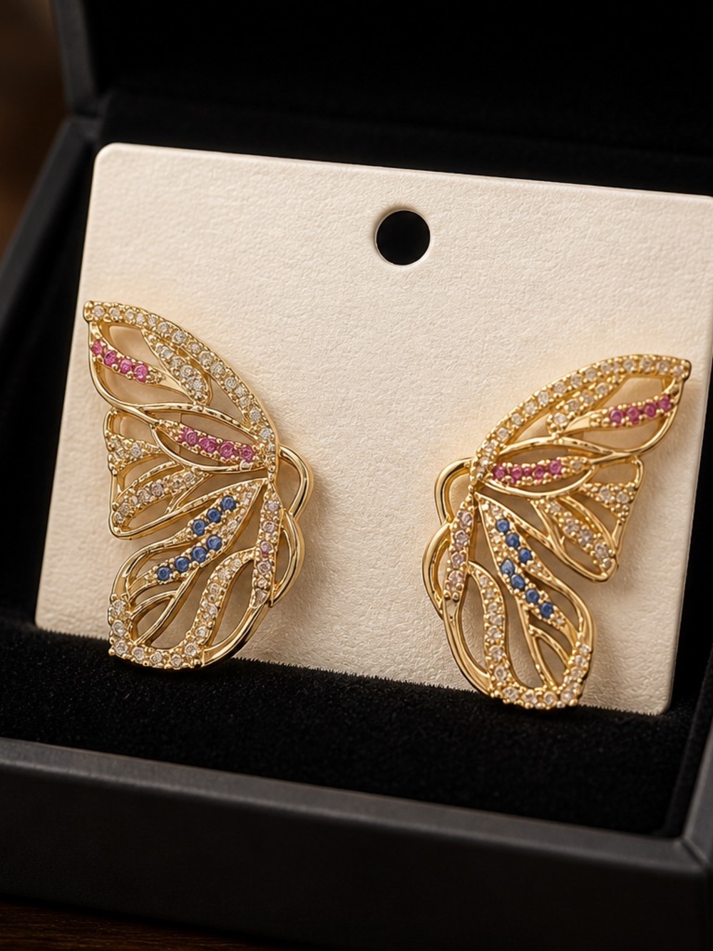 Accessorize Gold Butterfly Wing Earrings with Pink and Blue Stones